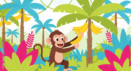 Cheerful Cartoon Monkey Reaching for Ripe Bananas in Lush Jungle Scene