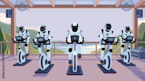 AI Robots Cycling on Stationary Smart Bikes in Futuristic Open-Air Pavilion – Scenic Mountain Background with High-Tech Fitness Concept in Outdoor Virtual Gym Environment

