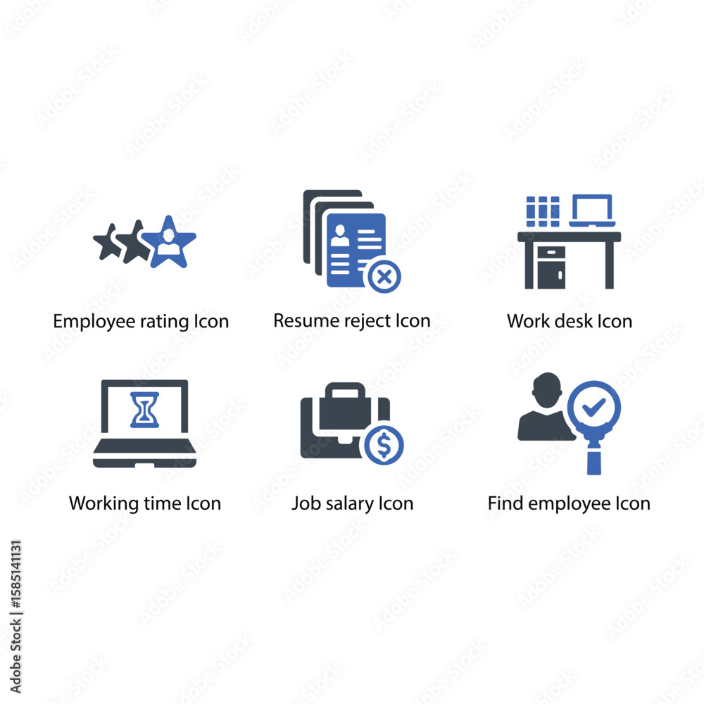 Employee rating, Resume reject, Work desk, Working time, Job salary, Find employee, icon Employee rating, Resume reject, Work desk, Working time, Job salary, Find employee, icon