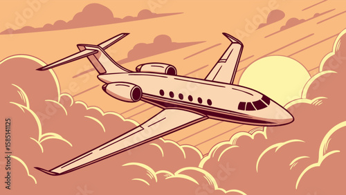 Private jet airplane flying high in the sky illustration for travel and aviation enthusiasts design vector art
