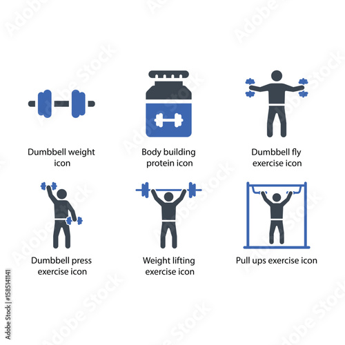 Dumbbell weight, protein, fly exercise, press exercise, Weight lifting exercise, Pull ups, icon