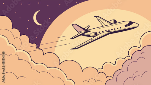 Airplane flying in the night sky vector illustration for travel and transportation design projects and graphics