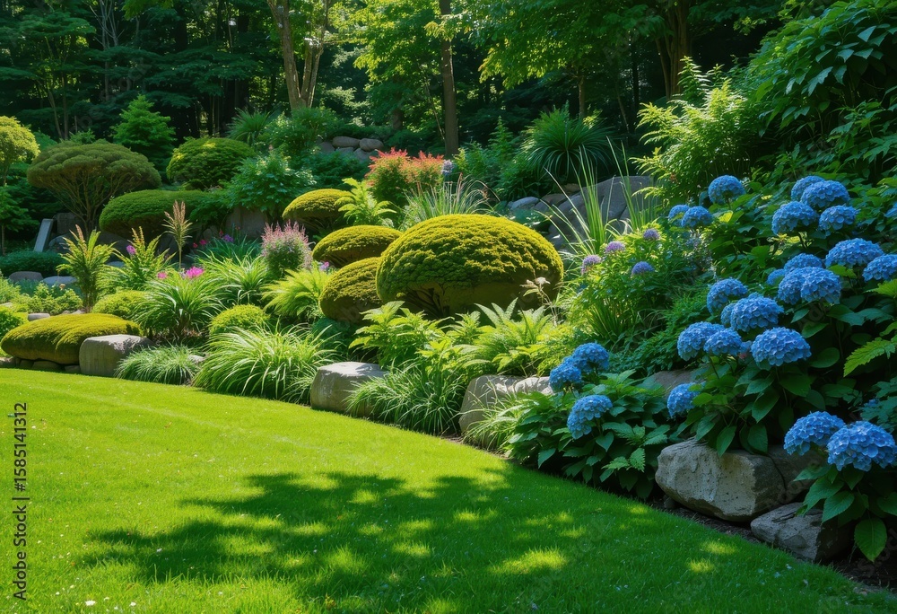 Obraz premium Tranquil green garden with hydrangea flowers and rounded shrubbery