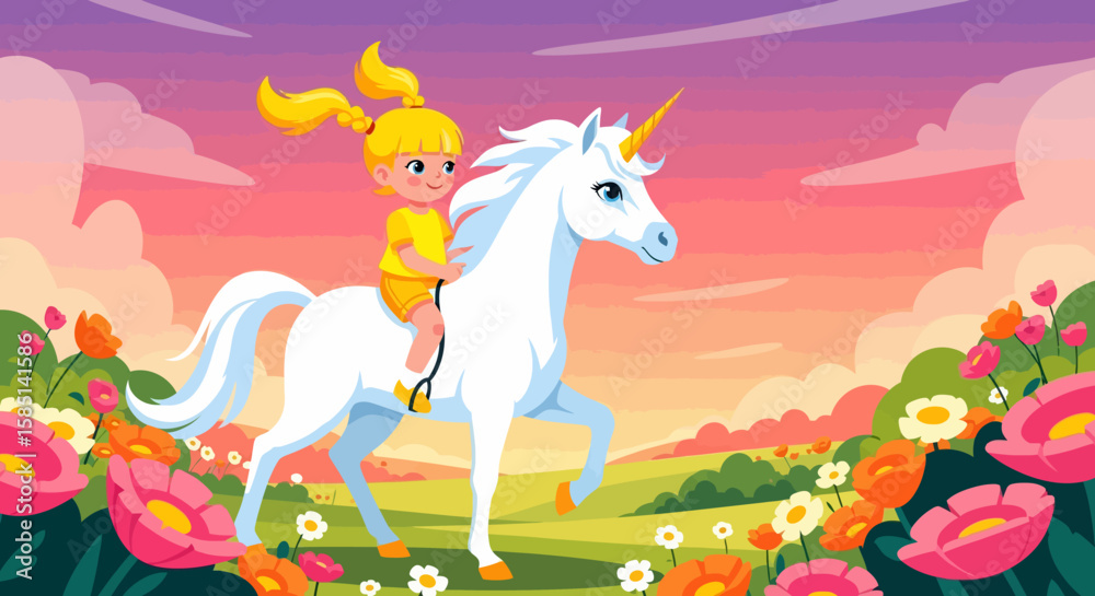 Fototapeta premium Cheerful Girl Riding a Majestic White Unicorn Through a Floral Meadow