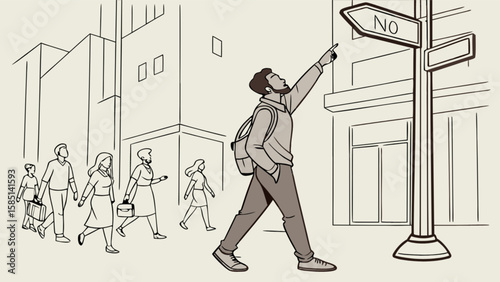 Man choosing no decision direction sign with people walking in city street illustration vector art