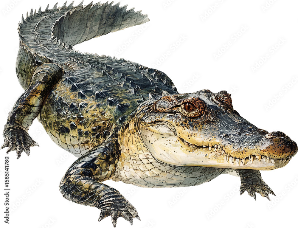 Obraz premium Detailed watercolor illustration of a caiman on transparent background isolated on transparent background