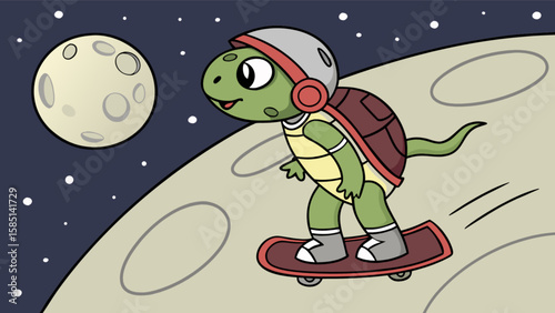 Turtle skateboarding on the moon in space cartoon vector illustration for kids and children design