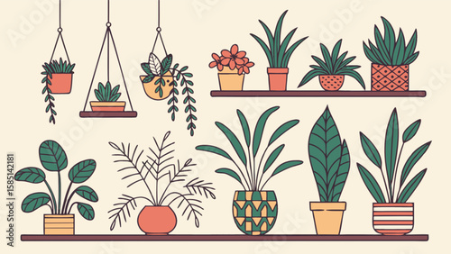 Indoor potted plants collection vector illustration home decor houseplants botanical design gardening concept