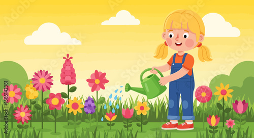 Child Watering Colorful Flowers in a Sunny Garden