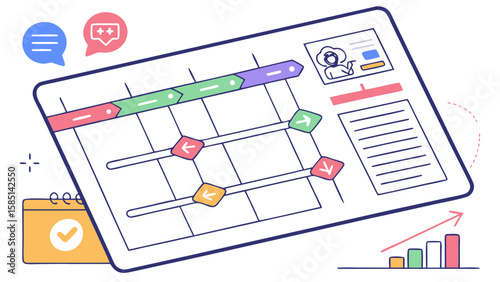 Illustration of a project timeline with progress bars, calendar, and rising bar graph showing growth