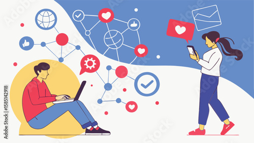 Social media marketing strategy and engagement illustration for online business and communication tools
