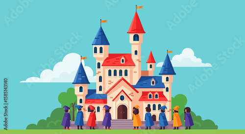 Colorful Cartoon Castle with Enchanting Wizards