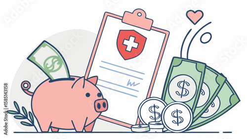 Health insurance savings plan concept with piggy bank, coins, money and medical clipboard design idea