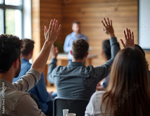 Diverse group of people raising hands to ask questions during a presentation