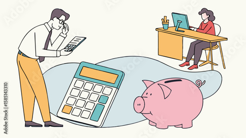 Financial planning budget calculator with piggy bank for saving money and business accounting concept idea
