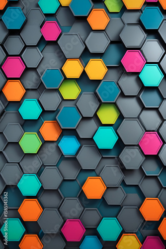 pattern of hexagonal steel plates in vibrant colors arranged in a futuristic honeycomb layout.