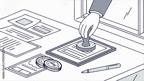 Document approval process illustration with stamp, contract, money and hand for business use case