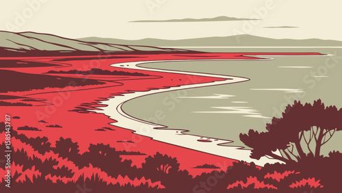 Coastal landscape painting of a red beach with trees and mountains in the background art illustration
