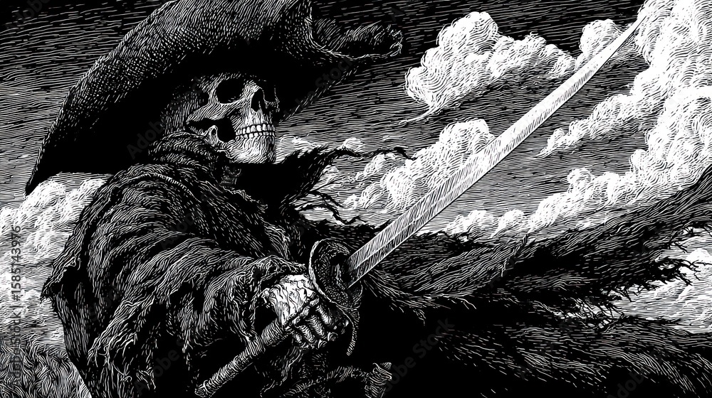 Fototapeta premium Skull pirate with sword, dark clouds