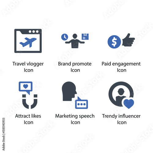 Travel vlogger, Brand promote, Paid engagement, Attract likes, Marketing speech, Trendy influencer, icon