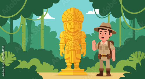 Explorer Stunned by Golden Idol in Lush, Dense Jungle Environment.