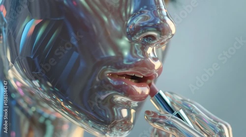 Clear glass woman applying lipstick, concept of beauty, artificial intelligence and future technology footage.