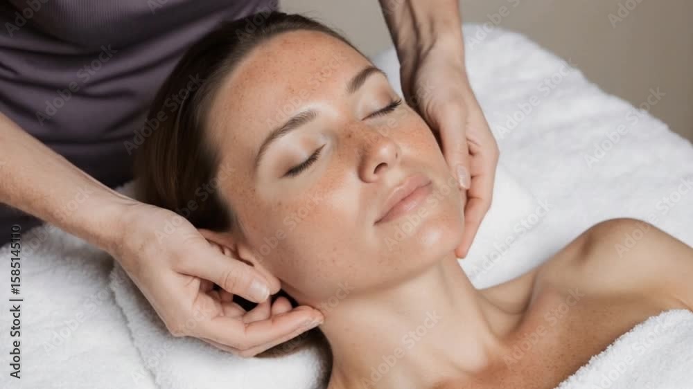 Woman receiving a relaxing face massage at a spa wellness center Woman receiving a relaxing face massage at a spa wellness center