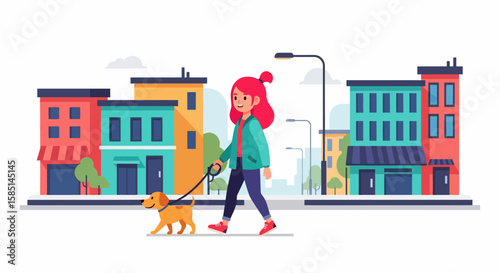 Girl Walking Dog on City Street, Colorful Buildings Background