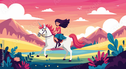 Girl with flowing hair riding a white unicorn with a pink mane and tail
