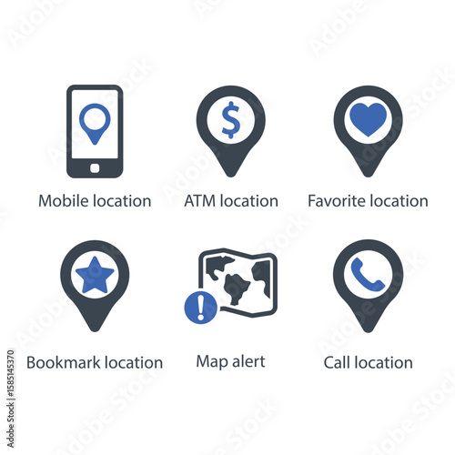 Free Download Mobile location, ATM location, Favourite location, Bookmark location, Map alert, Call location, icon - GFXLoad