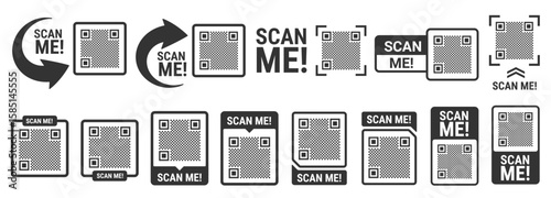 Scan Me pointer with QR code template. Set of vector signs for marketing, UI prompts, packaging, and tech-related projects. Modern styles QR codes enhance user engagement in web and print applications