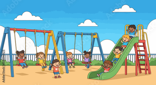 Wallpaper Mural Joyful Children Playing on Swings and Slide at Sunny Playground Torontodigital.ca