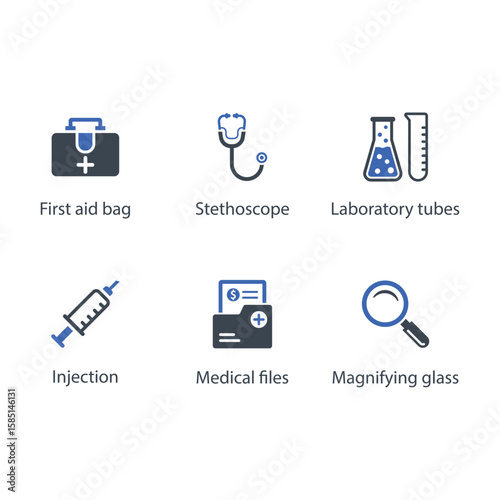 First aid bag, Stethoscope, Laboratory tubes, Injection, Medical files, Magnifying glass, icon