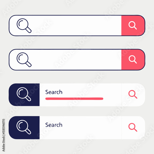 Four search bars with magnifying glass icons and different color schemes arranged vertically on a light background