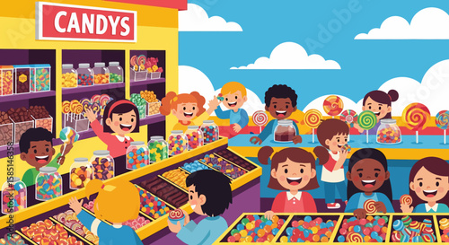 Joyful Children Selecting Colorful Candies at a Bright Candy Store.