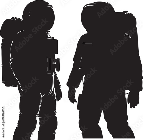 Black silhouettes of astronauts in different space poses, perfect for galaxy themes, space posters, and cosmic adventure illustrations.