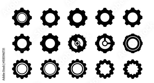 Collection of Black Gear and Cogwheel Icons for Industrial and Mechanical Design