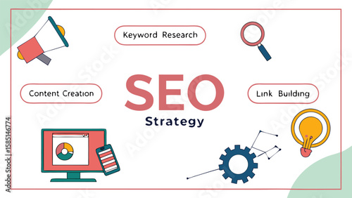 Seo strategy with content creation keyword research link building and optimization tools illustration concept