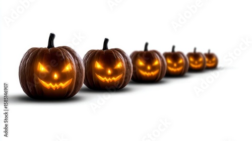 A group of eight lit spooky halloween pumpkins Jack O Lantern with evil face and eyes isolated against a white background. Eight fearsome jack o lanterns gleam brightly ominous grins