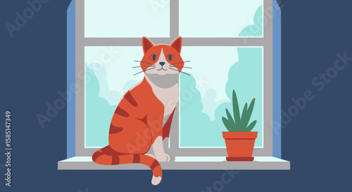 Orange and White Cat on a Windowsill, Observing the Outdoors