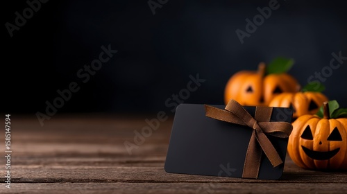 Carved Halloween pumpkins and a blank gift card on a rustic wooden surface. Autumnal harvest decorations featuring handcrafted gourds and a pristine gift voucher atop a weathered wood table.