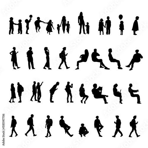 A set of 32 vector silhouettes featuring people in various poses, including sitting, leaning, walking, running, and engaging in daily activities. Perfect for use in architectural designs, presentation