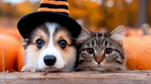 cute corgi dog in fancy black hat and striped cat sitting in autumn park with pumpkin for halloween. Adorable canine companion stylish headwear feline friend picturesque foliage