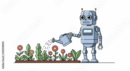 Retro Robot Gardener Tending Vibrant Flowerbed