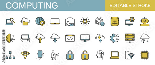 Computing line icon set – Includes computer, technology, digital, cloud, network and ai. Editable stroke. Colored vector illustration.