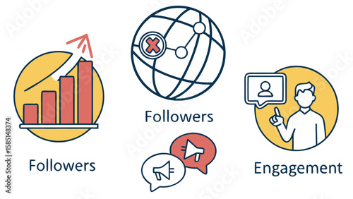 Illustration showing growth chart, globe with network, speech bubbles and a person representing engagement
