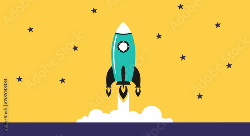 Teal Rocket Launching Against Yellow Starry Sky