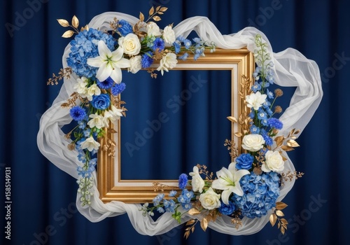 A gold frame adorned with blue white flowers fabric