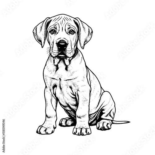 Funny Great Dane puppy is sitting. Vector illustration of a pet, simple silhouette drawing, isolated on a white background.
