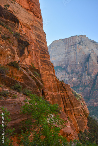 View through Scenery in Zion National Park, Utah, USA from the trail to Angel's landing